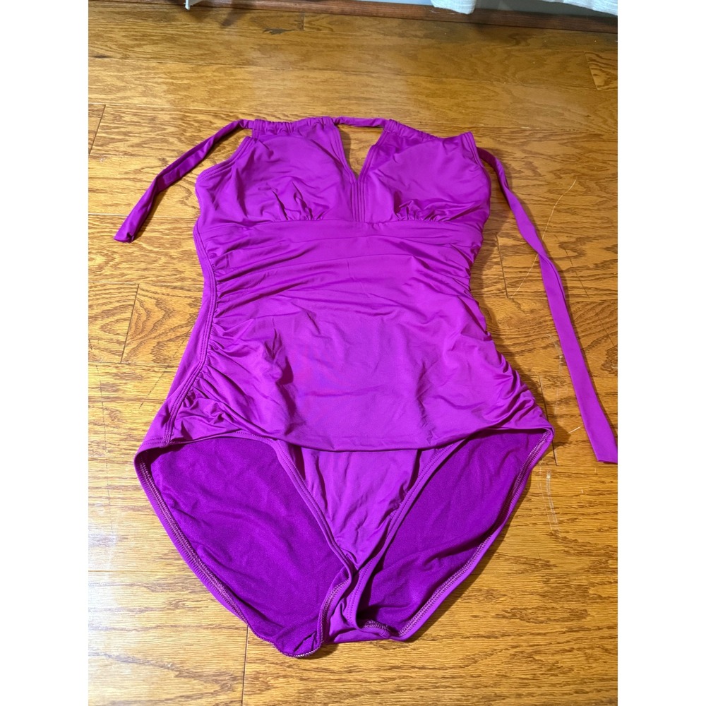 Tommy Bahama Women's Ruched Halter Top One-Piece Swimsuit Purple Violet Sz 16